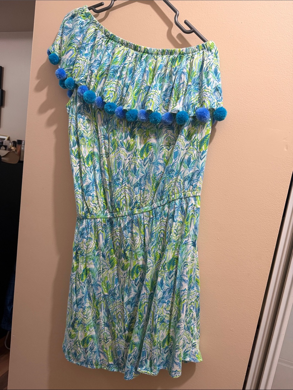 Women’s One-Shoulder Pom Pom One-Piece in Blue & Green